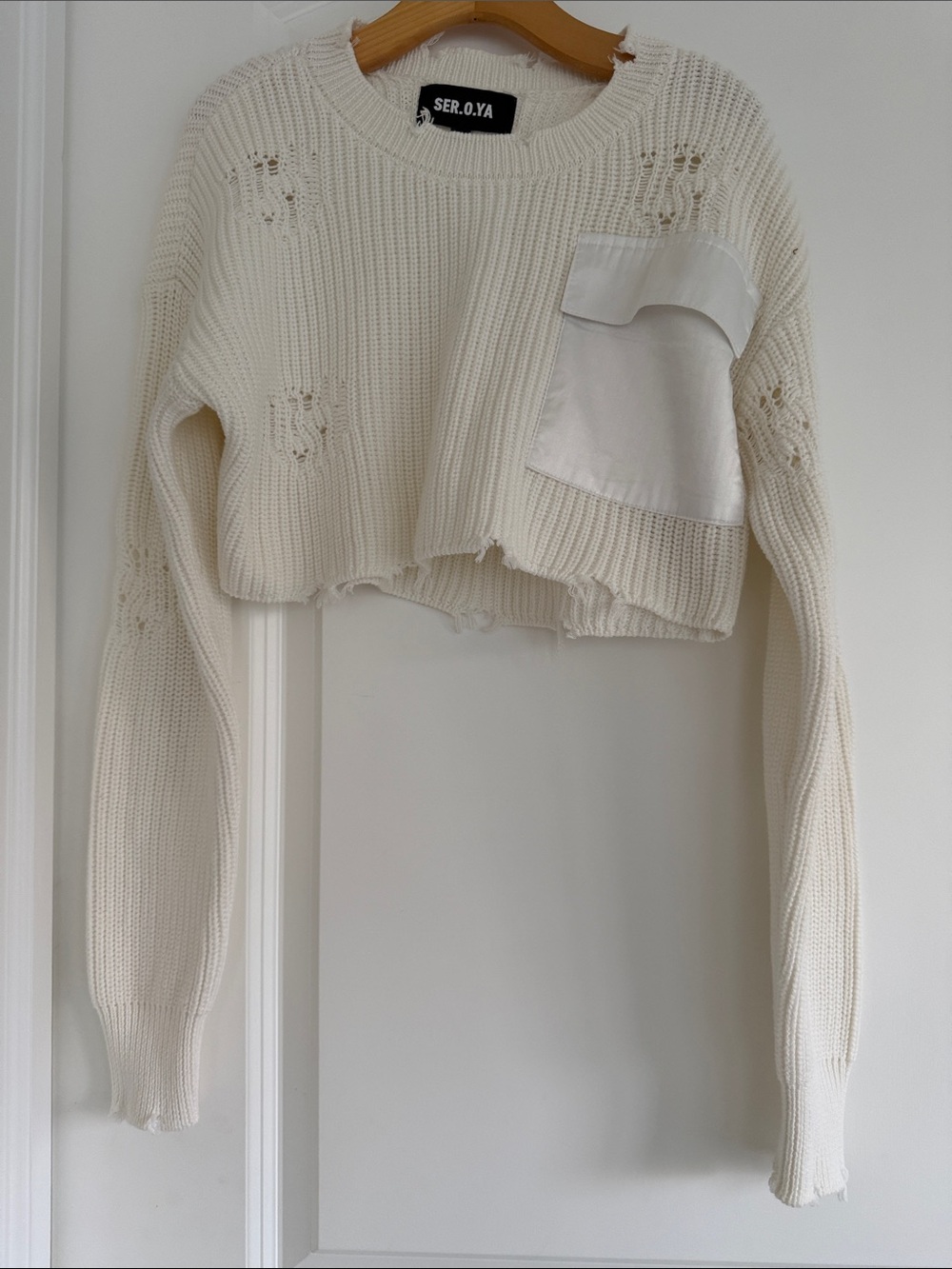 SER.O.YA Off-White Cropped Distressed Knit Sweater with Contrast Pocket